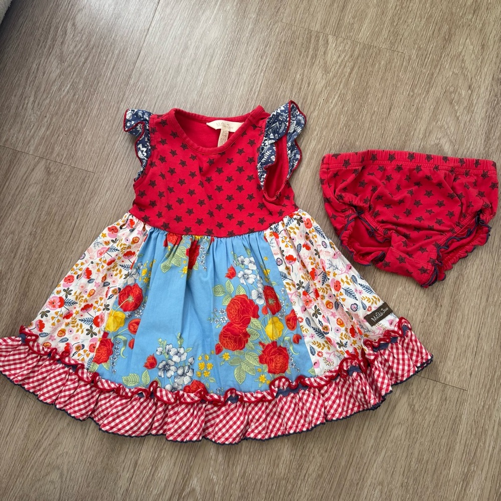 Matilda Jane Red, Blue, White Floral Patchwork Dress with Bloomers